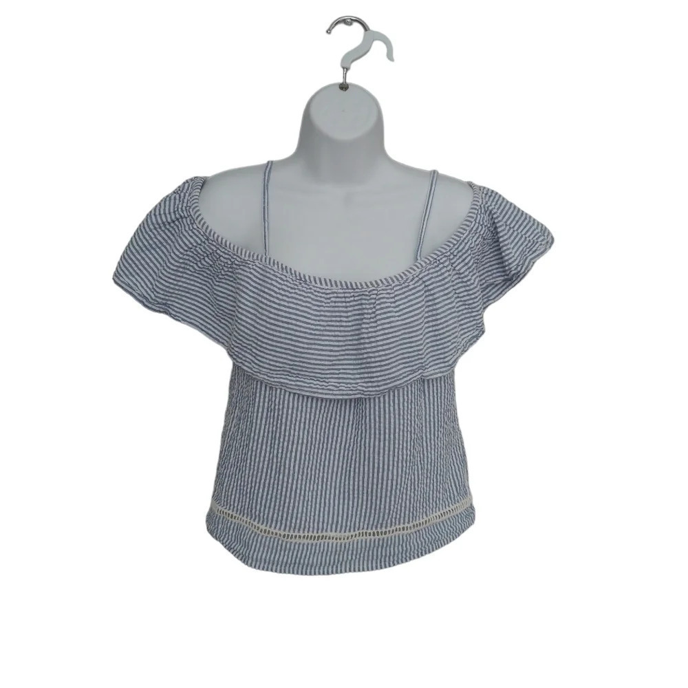 Style Envy Striped Blue/White Seersucker  Off-The-Shoulder Blouse Lace Ruffle M